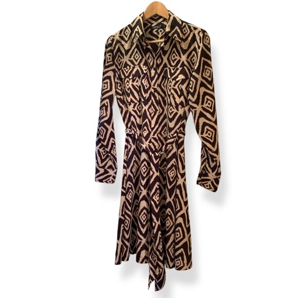 Lauren Ralph Lauren Ikat Diamond Print Collared Button-Up Sz 10P Dress W/ B - Picture 2 of 9